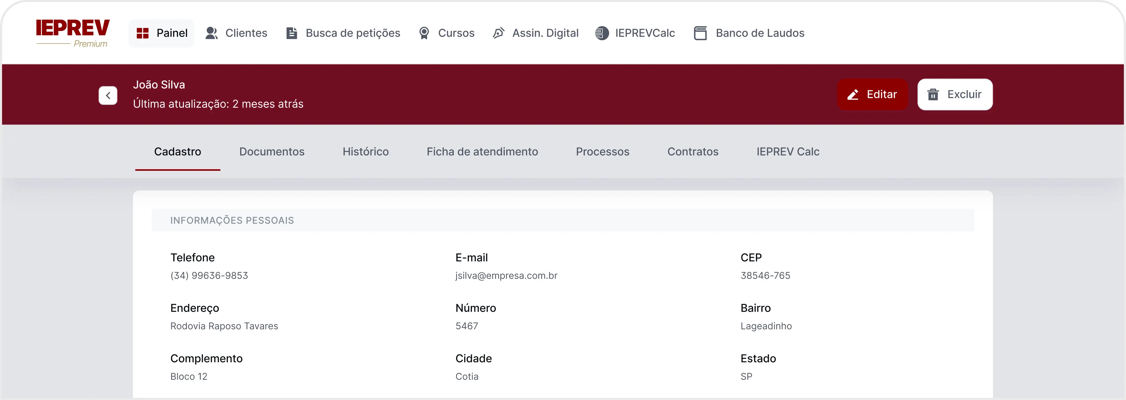 Tela de perfil do cliente