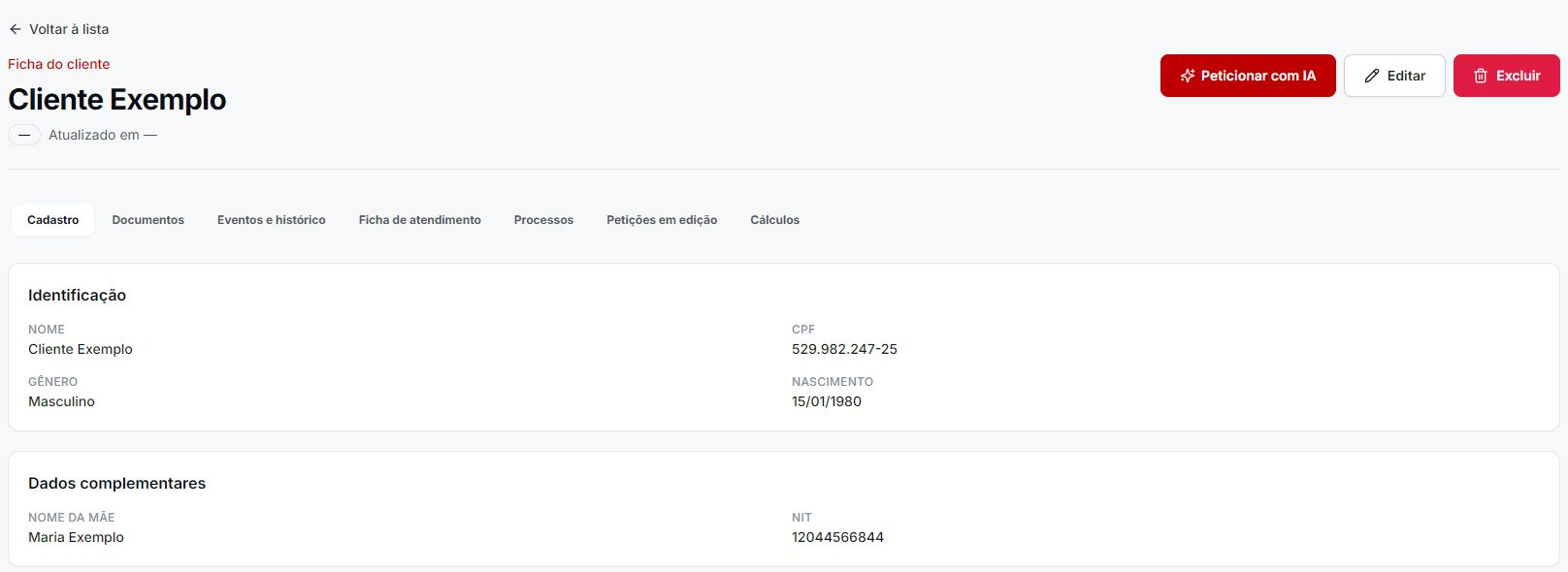 Ficha do cliente com suas abas de atendimento.