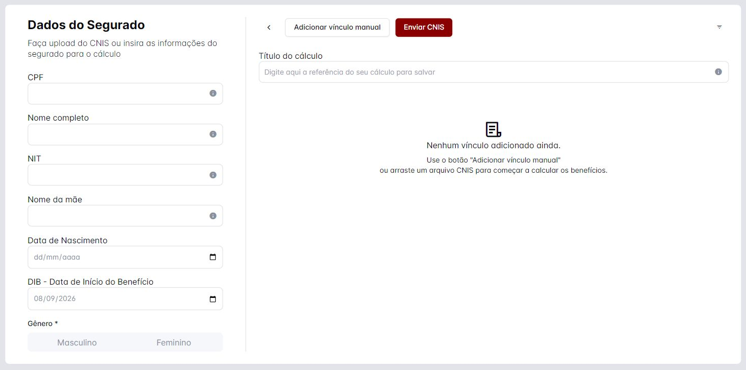 Tela de criação de cálculo na Calc 2.0 com os dados do segurado e o botão Enviar CNIS.