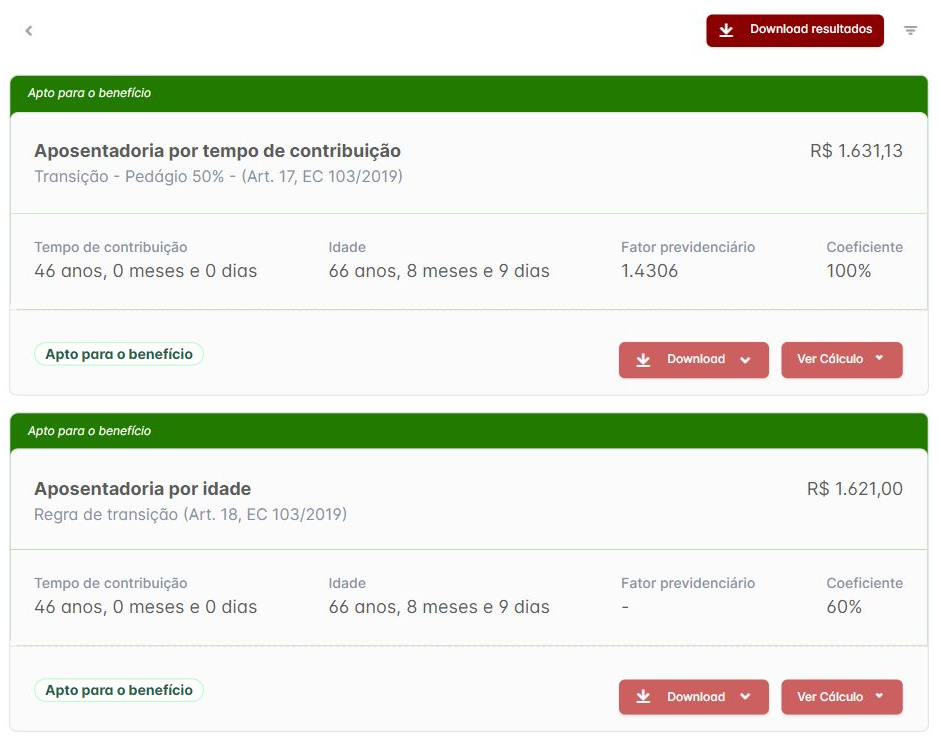 Recorte real de um cartão de resultado da Calc 2.0, com regra, RMI e tempo de contribuição de um caso fictício.
