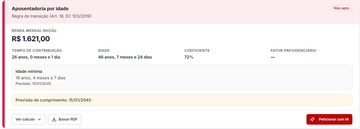 Cartão real do cálculo de aposentadoria por idade, com 26 anos, 0 meses e 1 dia de contribuição, idade de 46 anos, 7 meses e 24 dias e status Não apto.