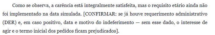 Trecho real da petição com a marcação CONFIRMAR para existência de requerimento administrativo, data e motivo do indeferimento.
