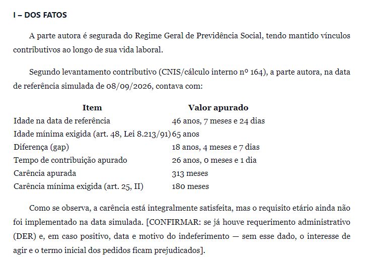 Trecho real da peça do Cliente Exemplo com referência ao cálculo de 08/09/2026, idade de 46 anos, 7 meses e 24 dias e tempo de contribuição de 26 anos, 0 meses e 1 dia.
